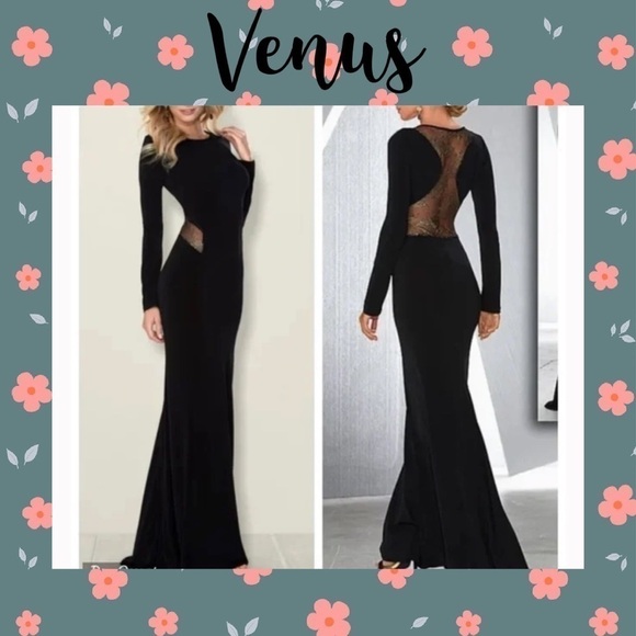 Venus womens dress Medium formal gown  black gold lace cut out fit flare stretch - Picture 1 of 10